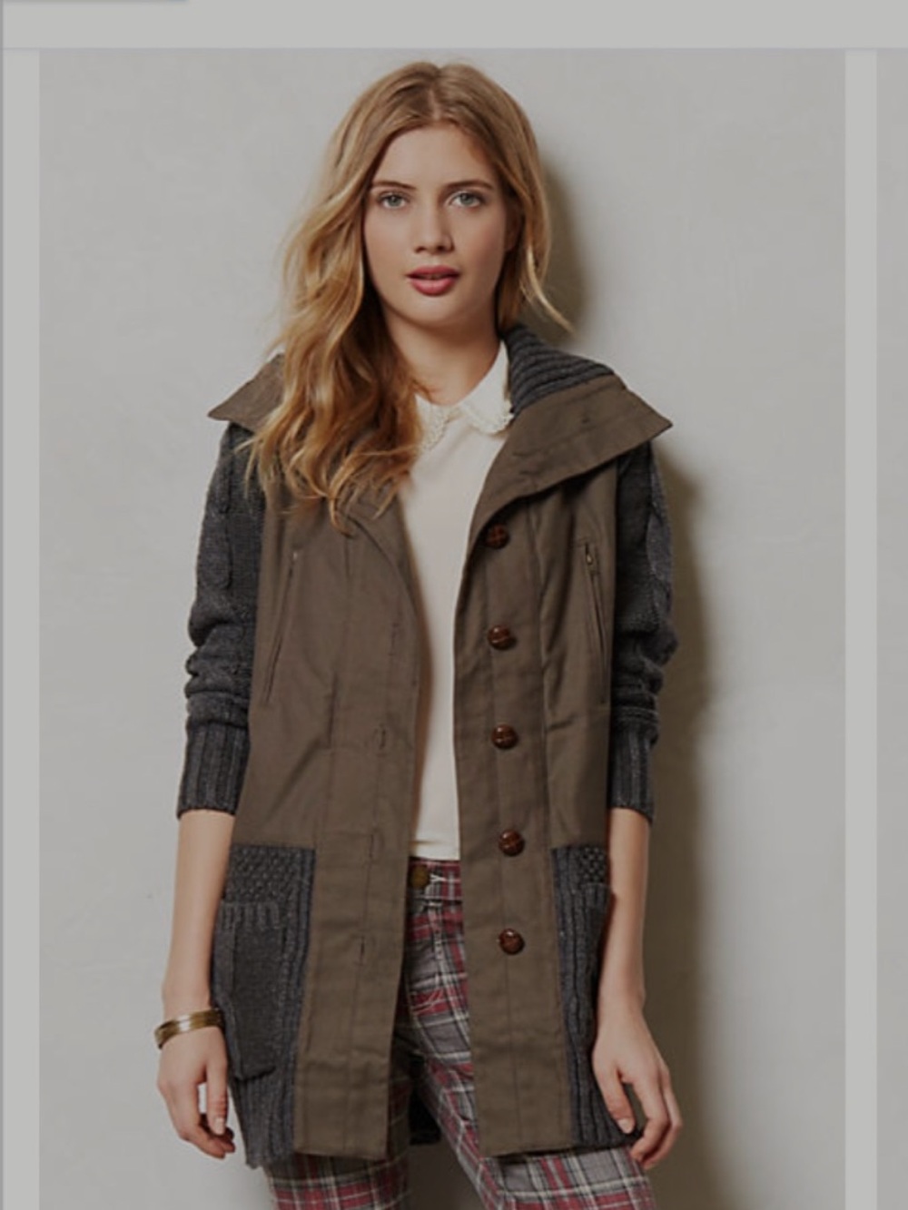 Anthropologie Olive Green Mixed-Media Hooded Utility Coat with Gray Knit Accents